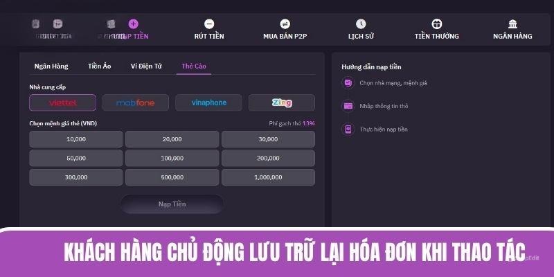 Khách hàng chủ động lưu trữ lại hóa đơn khi thao tác