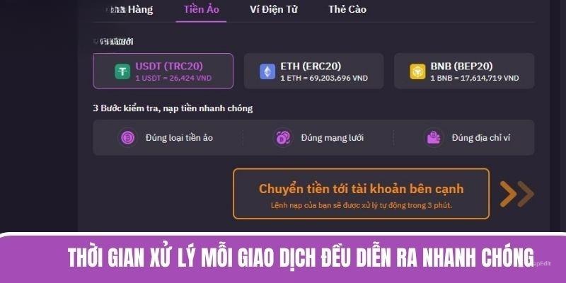 Thời gian xử lý mỗi giao dịch đều diễn ra vô cùng nhanh chóng